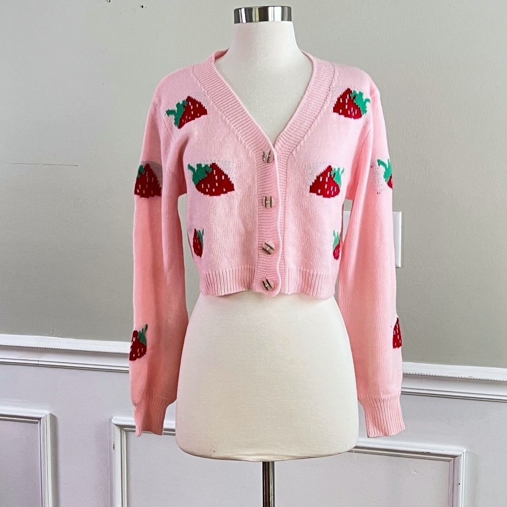 Strawberry Cardigan Sweater Women S Pink Cropped V-Neck Knit Cottagecore Kawaii